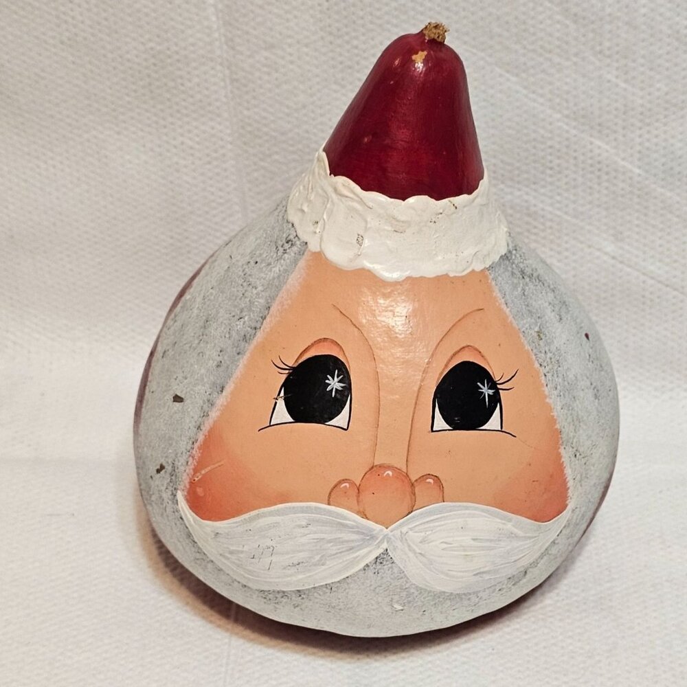 Hand Painted Whimsical Folk Art Christmas Santa Face Gourd Red 8” Tall x 7” Wide